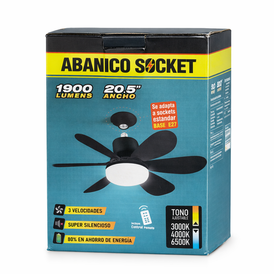 Abanico Socket con Luz LED –  Control Remoto